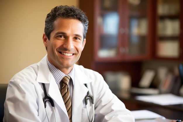 Photo portrait of a friendly middleaged psychiatrist posing for the camera sitting at his desk