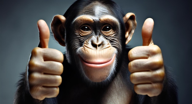 Портрет дружественной обезьяны, показывающей большой палец вверх, улыбаясь и глядя в камеру