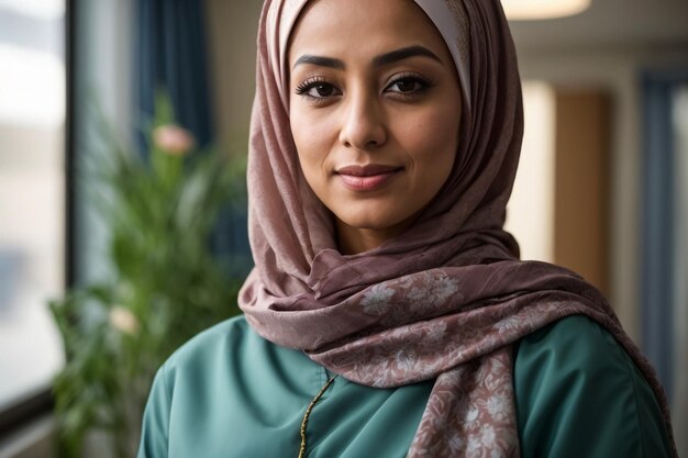 友好的な笑顔で自信のあるイスラム教徒の女性医師の肖像画ドレスマスク顔が美しい