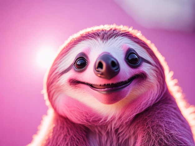 Photo portrait of friendly smiling pink sloth ai generative