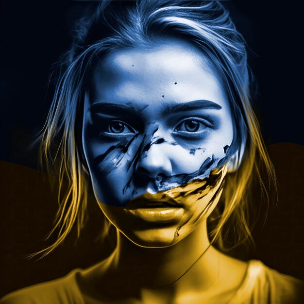 Portrait of a frightened and tormented young girl with traces of scars on her face