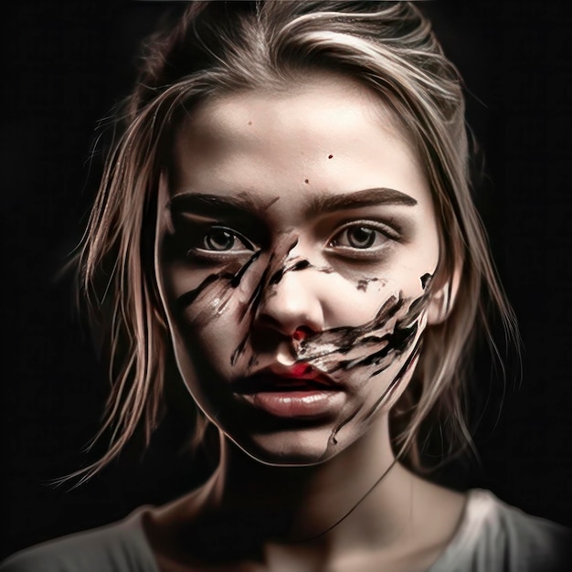 Foto ritratto di fanciulla spaventata e tormentata con tracce di cicatrici sul volto