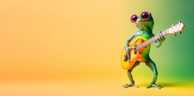 portrait of frog playing guitar and wearing glasses yellow and green gradient background with copy space happy and cheerful concept ideal for banners or greeting cards etc generative ai