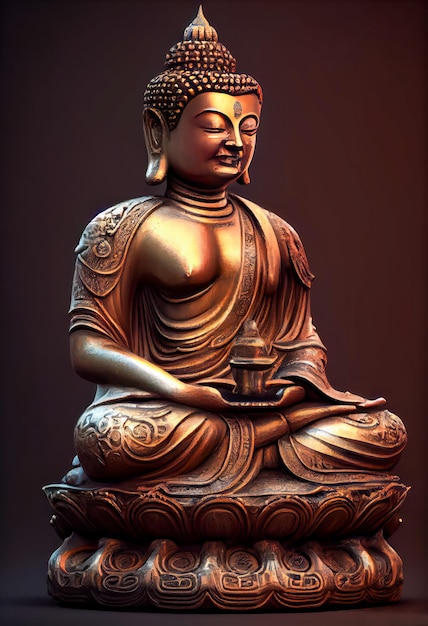 Портрет, вид спереди на классическую статую Будды в зале монастырского зала Ia генеративный