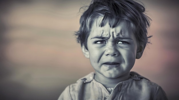 Portrait of a frowning upset little boy looking at camera