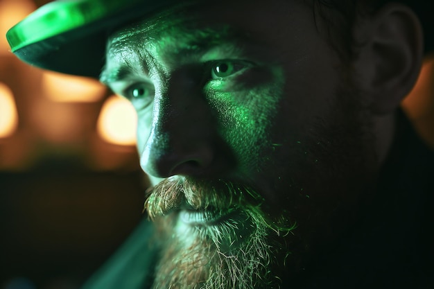 Portrait of fun wearing man in a green suit and hat in bar interior St Patricks Day party