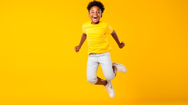 Portrait of funny black man with dreadlocks dancing on the background of yellow studio