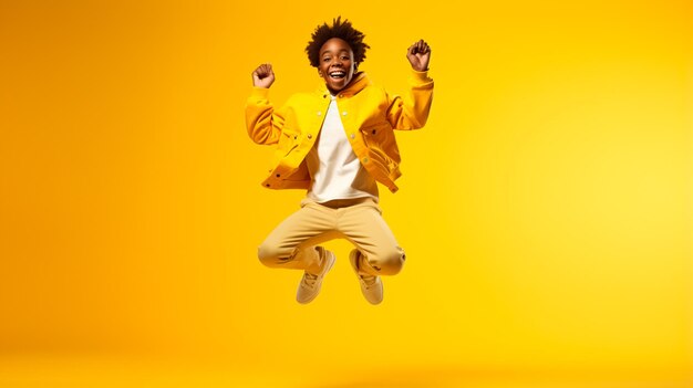 portrait of funny black man with dreadlocks dancing on the background of yellow studio