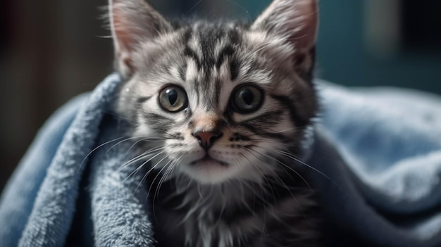 頭に灰色のタオルをかぶった面白い猫の肖像画 面白い笑顔の濡れた灰色のぶち猫 AI ジェネレーティブ
