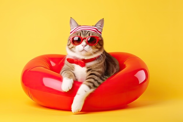 Portrait of a funny cat in sunglasses on top of a red float and yellow background Summer concept Ai generative