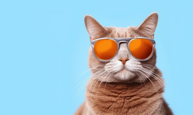 Portrait of funny cat wearing sunglasses on blue background