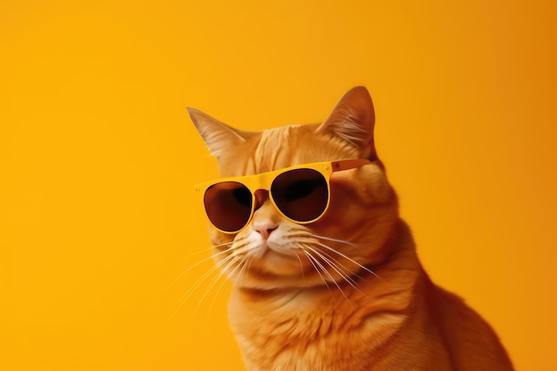 Portrait of a funny ginger cat wearing sunglasses isolated