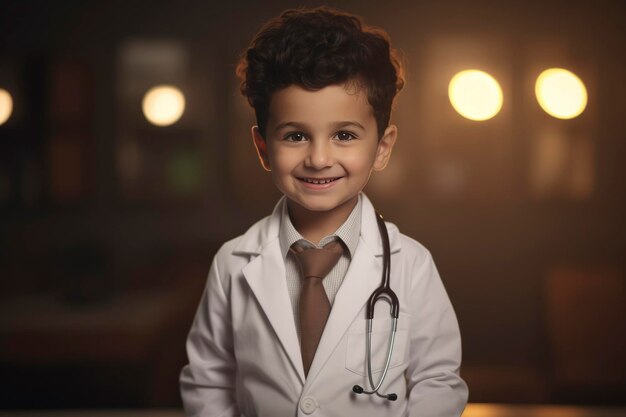 Portrait of funny little boy doctor at hospital