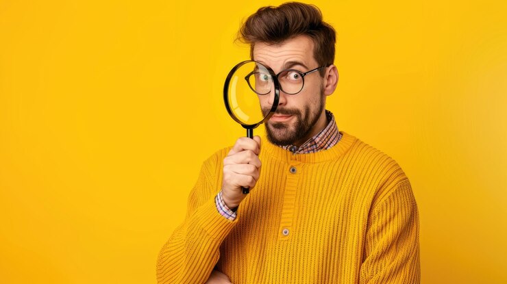 Photo portrait of funny man looking through magnifying glass searching or investigating something