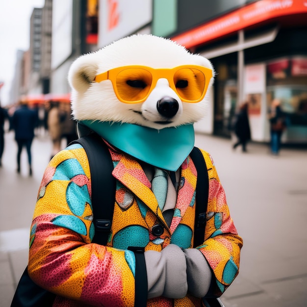 portrait of funny panda wearing mask sunglasses and scarf with colorful panda new normal con