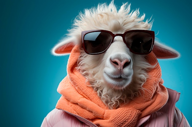 Foto ritratto di divertente alpaca bianca in occhiali da sole arancioni su sfondo blu ai generativo