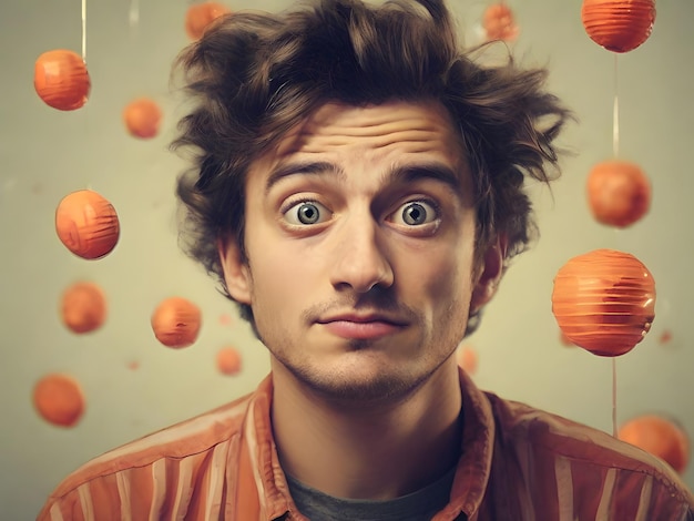 Portrait of a funny young man with orange balls