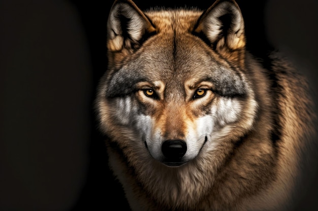 Portrait of furry wolf hunter wolf head on black background