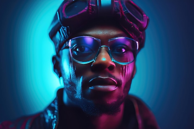 Portrait of a futuristic african american man in neon light