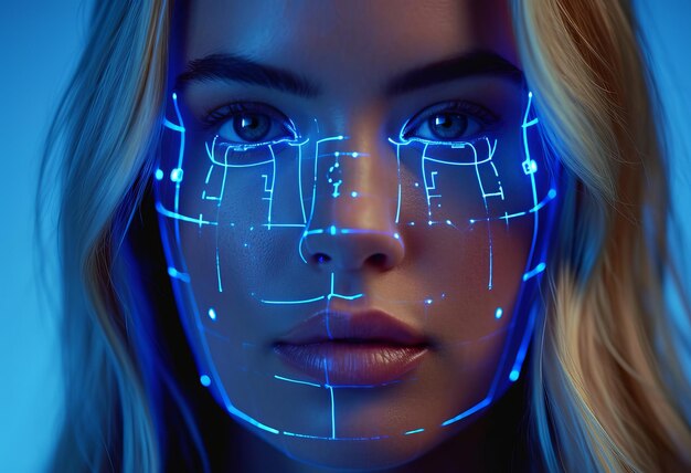 Portrait of a futuristic android woman with advanced technology data overlay