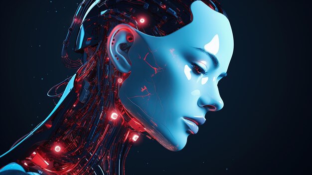 Portrait of futuristic female humanoid robot on black background Futuristic technology concept Caracter of video games