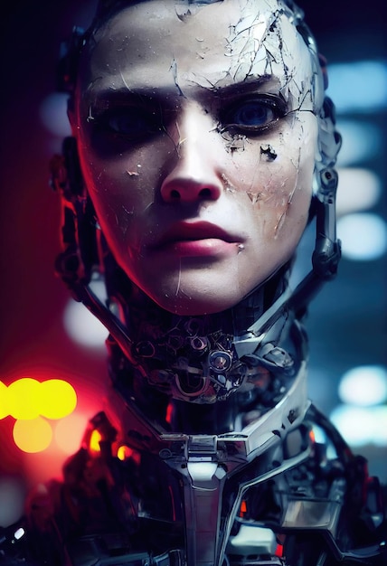 未来的な女性ロボットの肖像 芸術的な抽象的なスチーム パンクなファンタジー ロボットの概念