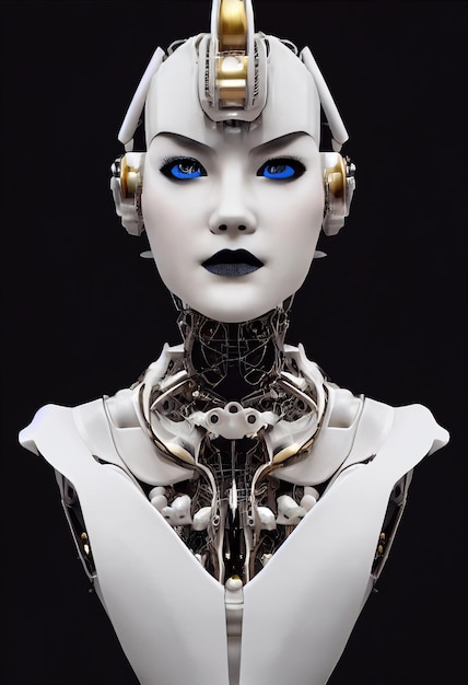 Portrait of a futuristic female robot. An artistic abstract steampunk fantasy