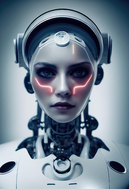 Портрет футуристического женского робота. Художественное фэнтези в стиле стимпанк. Концепция современного робота