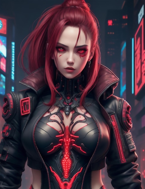 Portrait of a futuristic female with red futuristic dress technology expert tuner or hacker