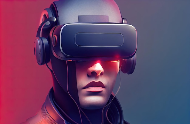 Portrait of a futuristic gamer with vr glasses A hightech man from the future The concept of virtual reality