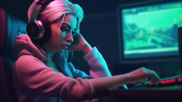 Portrait of a gamer girl with pink hair and large headphones on an abstract blue background