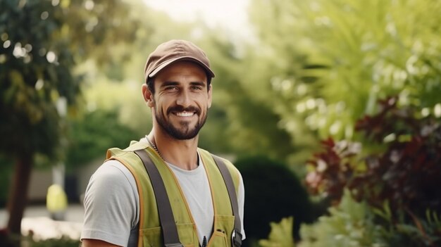 Portrait of Garden Specialist at house background Landscaping Theme