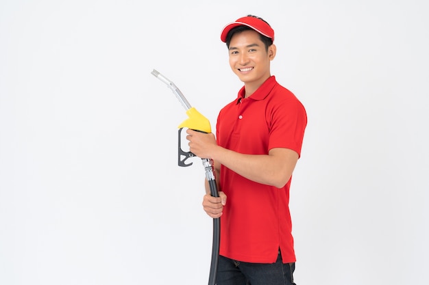 Portrait of gas station worker and service isolated on white background