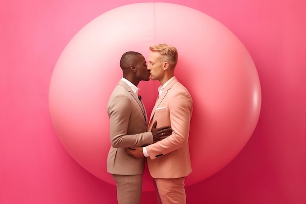 Portrait of a gay couple two gay men one of African descent and the other blonde both wearing pink suits Studio shot against a pink background Gay pride LGBTQ