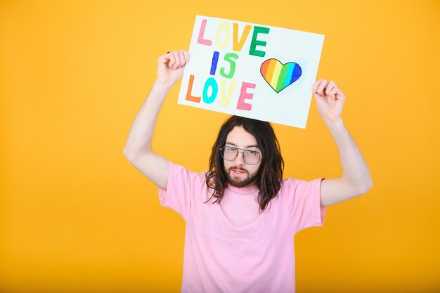 Portrait of a gay man on a colored background gender equality the concept of the lgbt community equality