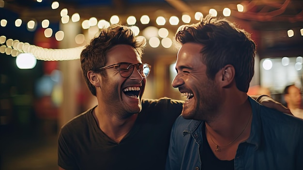 Photo portrait of gay men couple laughing friends enjoying together at a party