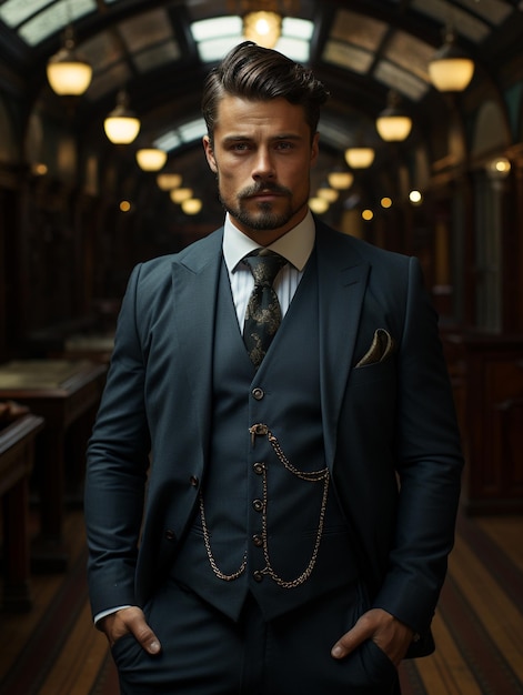 Portrait of a gentleman stylish serious man elegant luxurious suit confident look beautiful pose suite impeccably richly