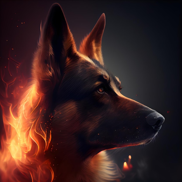 Portrait of a German shepherd dog on a dark background with fire