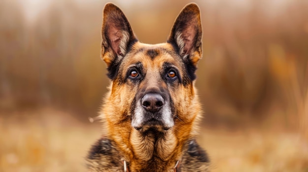 Portrait of a German Shepherd Dog with Alert Ears in Autumnal Scenery Warm Brown Tones CloseUp