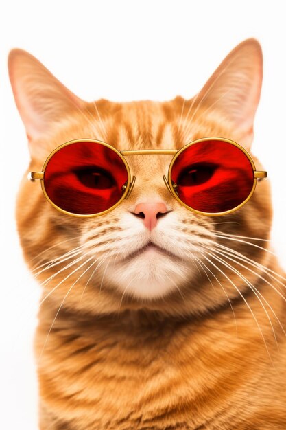 Portrait of ginger cat in blue large round red sunglasses on white background