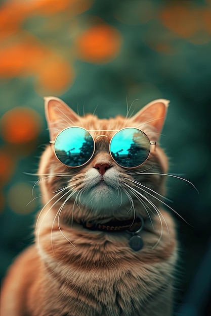 Portrait of a ginger cat wearing sunglasses