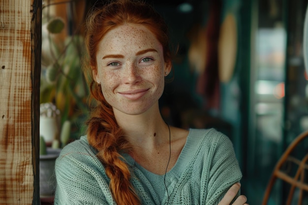 Photo portrait of ginger haired model with freckles and green eyes