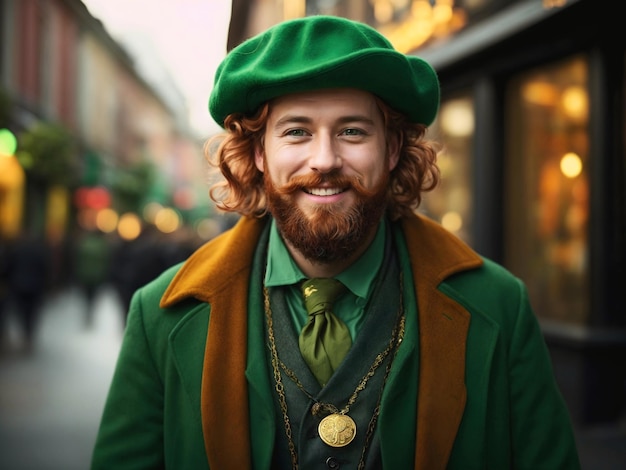 Photo portrait of ginger man with orange beard in st patricks green costume festive fashion background
