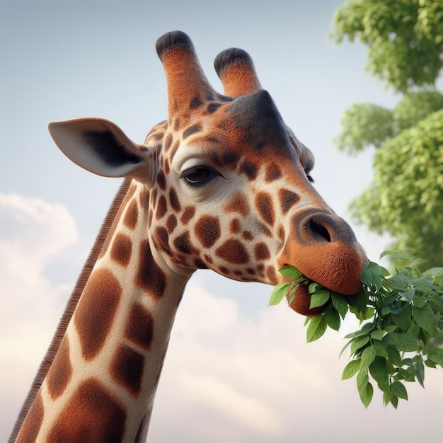 portrait of a giraffe eating leaves