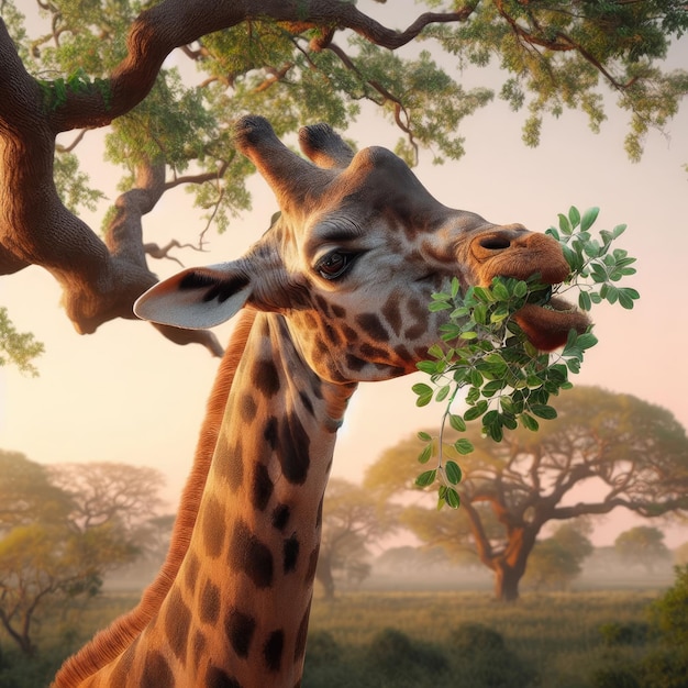 портрет жирафа, съедающего листья