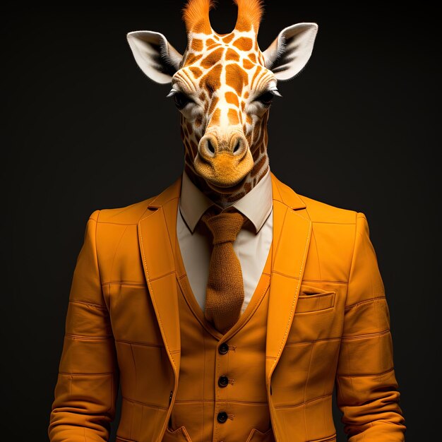 Photo portrait of a giraffe in a suit and tie on a black background anthropomorphic giraffeai generative