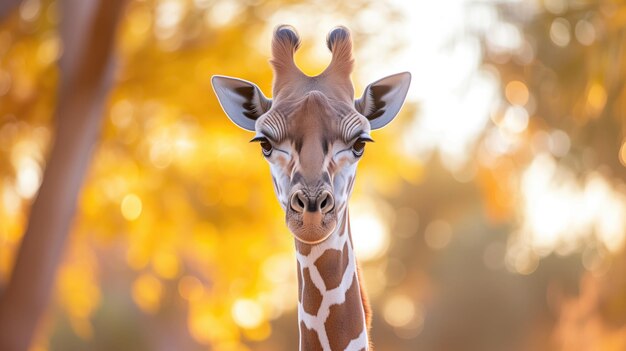 Portrait of a giraffe with a blurred golden background