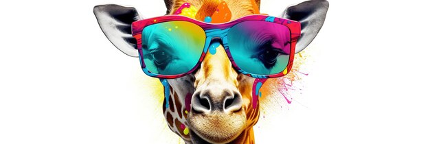 Portrait of a giraffe with glasses on a white background