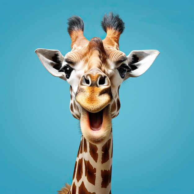 Portrait of a giraffe with a surprised expression wide open eyes and mouth looking ahead