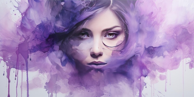 Photo portrait of a girl on an abstract purple background in watercolor technique generative ai
